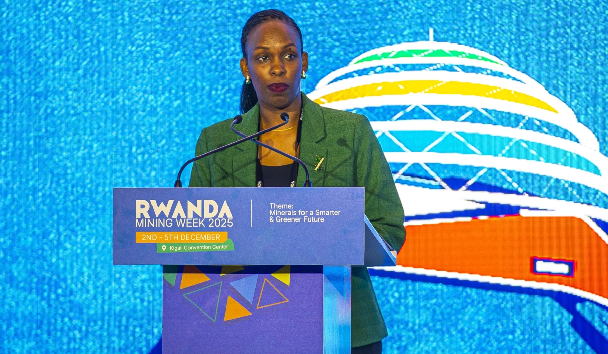 Alice Uwase, Chief Executive Officer of the Rwanda Mines, Petroleum, and Gas Board, speaks during Rwanda Mining Week at the Kigali Convention Centre (KCC) on December 2. Photos by Kellia Keza