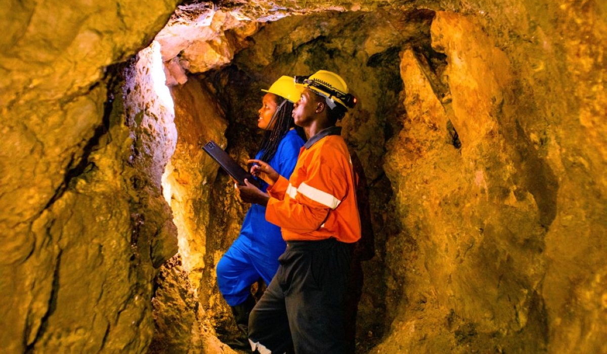 Geologists working inside a mineral exploration tunnel in the Southern Province. Rwanda has high-grade lithium deposits, identified primarily through a joint venture between Aterian Plc and Rio Tinto. Courtesy
