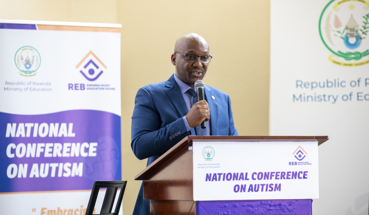Director General of Rwanda Basic Education Board, Nelson Mbarushimana, speaking at a conference to mark World Autism Awareness Day on April 2 this year.  Photo by Craish Bahizi