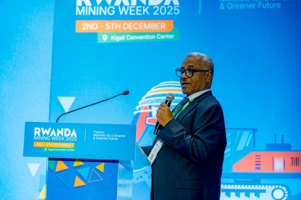 Ahmed delivers a presentation on hydrocarbon potential of Lake Kivu Basin on Wednesday, December 3 during this year&#039;s Rwanda Mining Week event at Kigali Convention Centre. Courtesy.