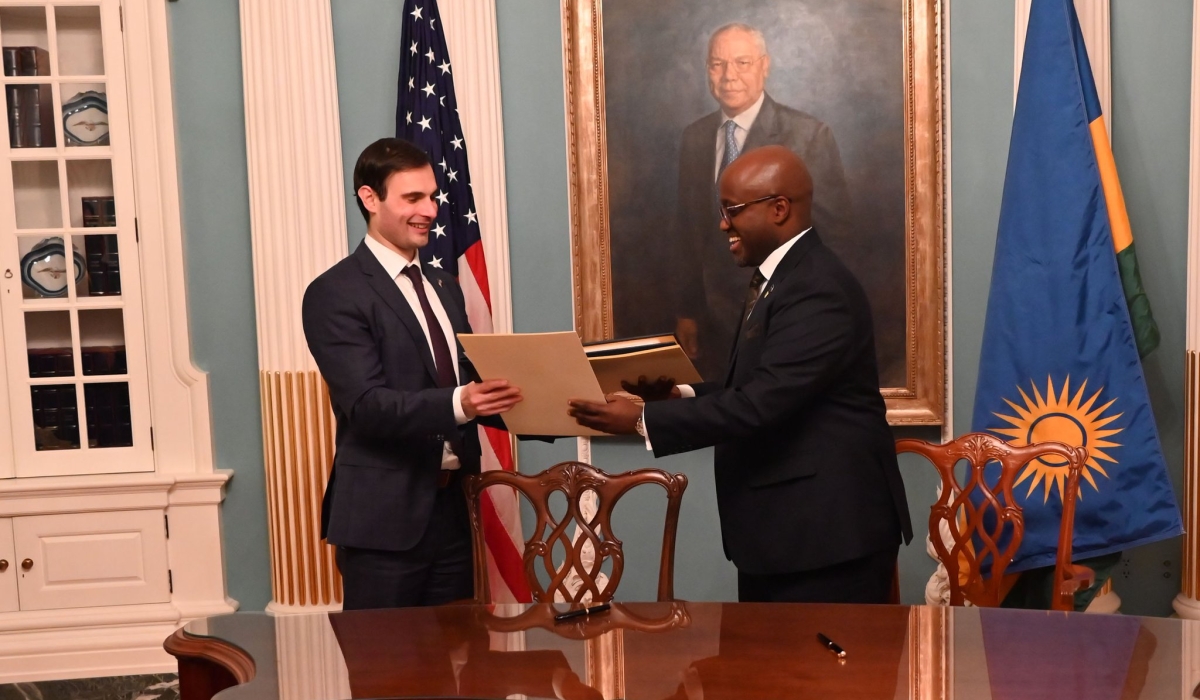 Under Secretary of State for Foreign Assistance, Humanitarian Affairs and Religious Freedom Jeremy Lewin, and foreign minister Amb. Olivier Nduhungirehe, after signing the Department of State’s second bilateral health cooperation Memorandum of Understanding between the United States and Rwanda, in Washington, on December 5.