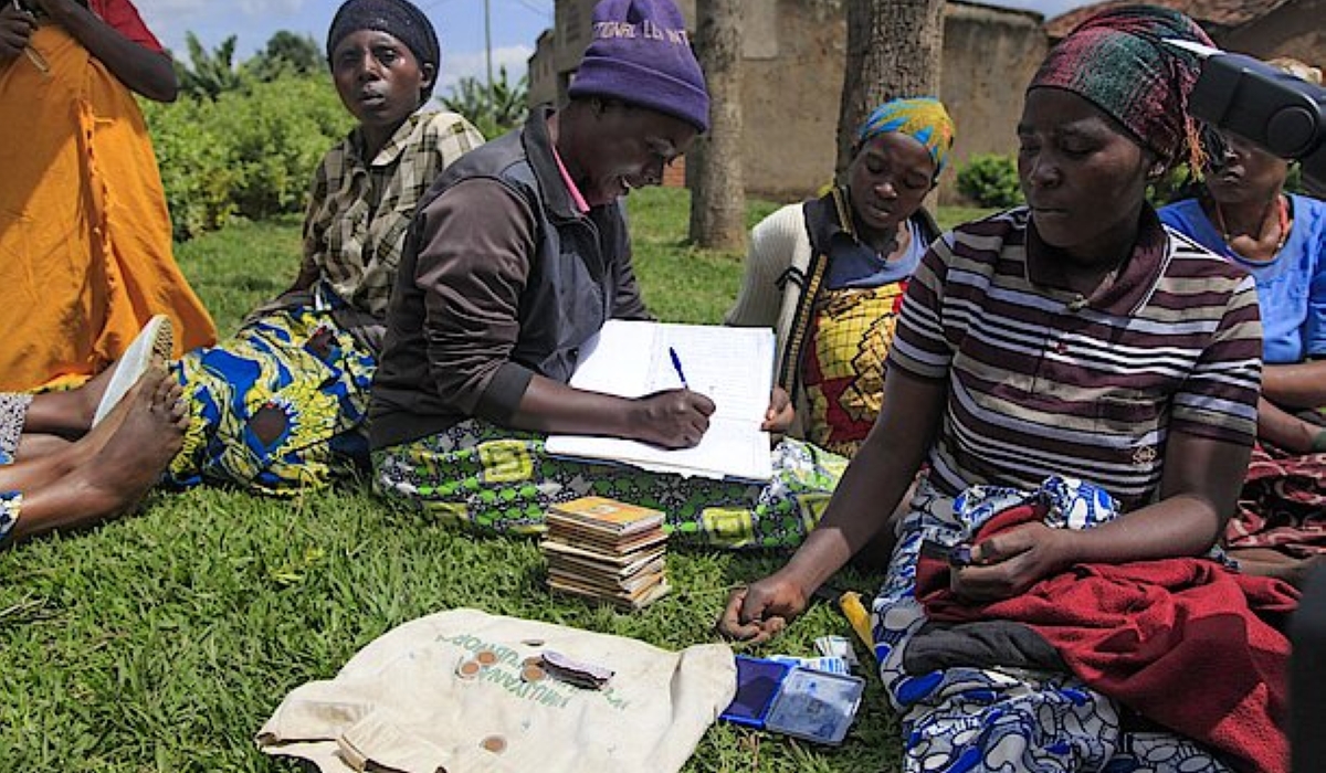 Women participating in their savings and lending group, a vital part of Rwanda’s social and economic fabric that promotes collective savings and mutual support among members. Courtesy