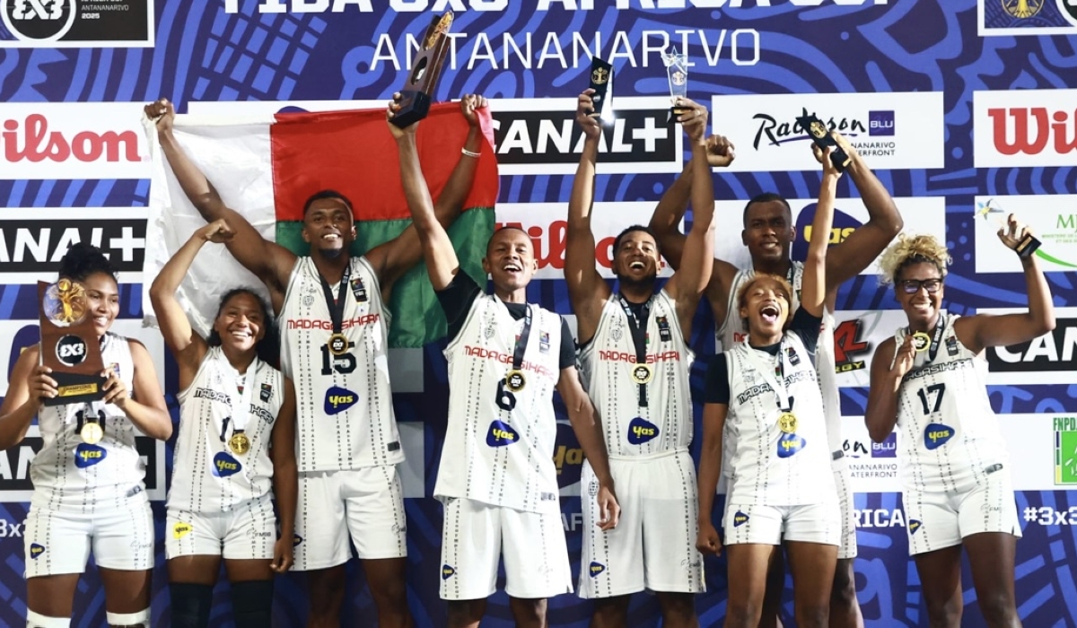 Madagascar men and women&#039;s teams share the podium in celebration of their FIBA 3X3 Africa Cup 2025 titles on Sunday in Antananarivo. Photo courtesy