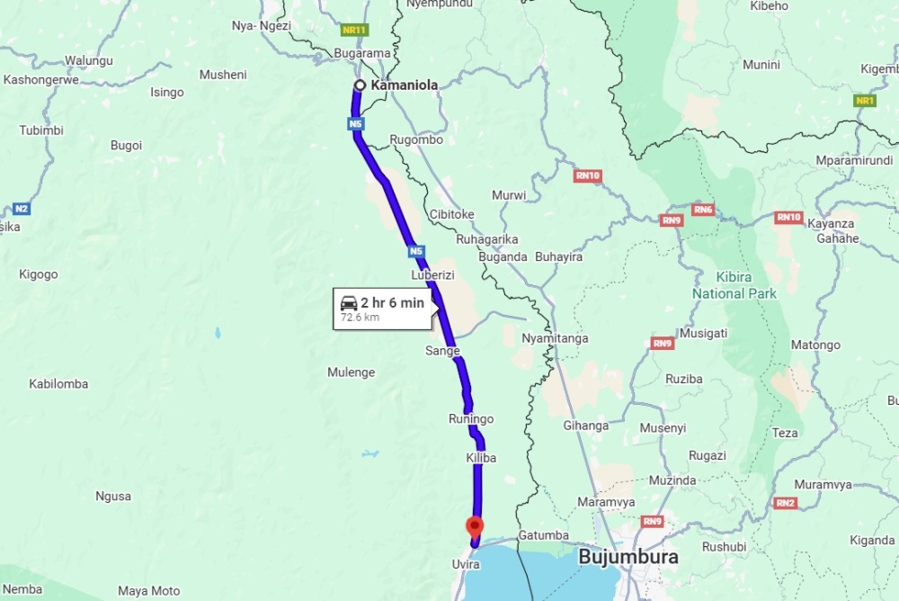 Map shows the distance from Kamanyola to Uvira South Kivu province in eastern DR Congo. Courtesy Google Maps