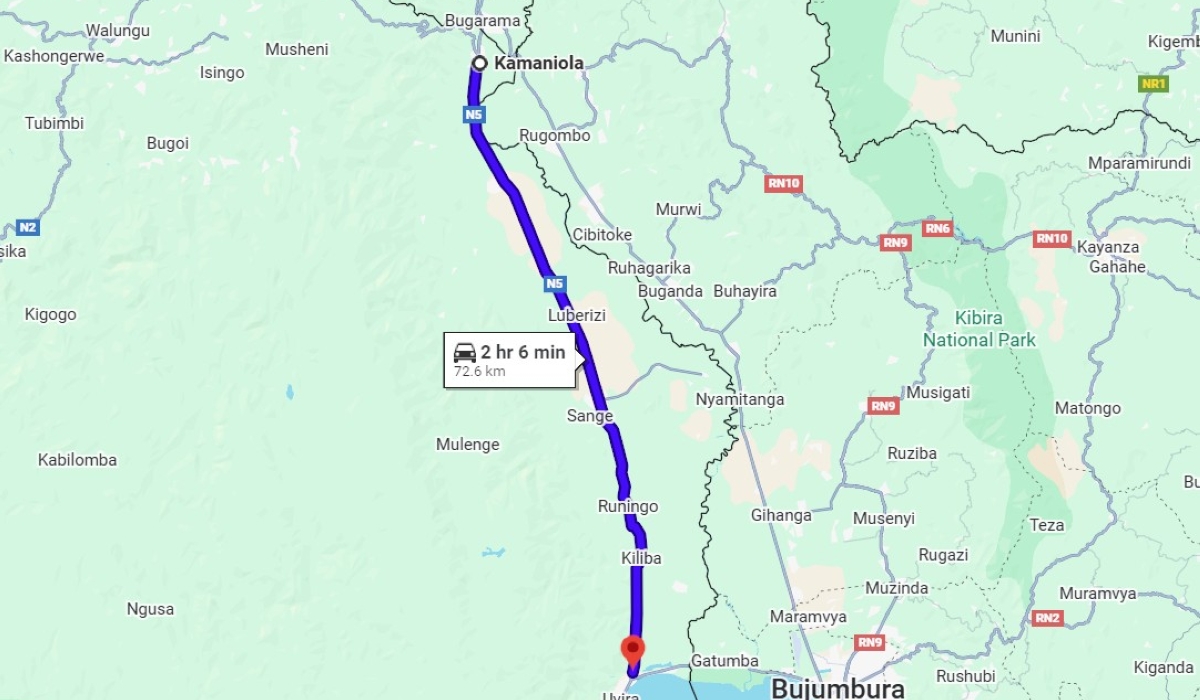 Map shows the distance from Kamanyola to Uvira South Kivu province in eastern DR Congo. Courtesy Google Maps