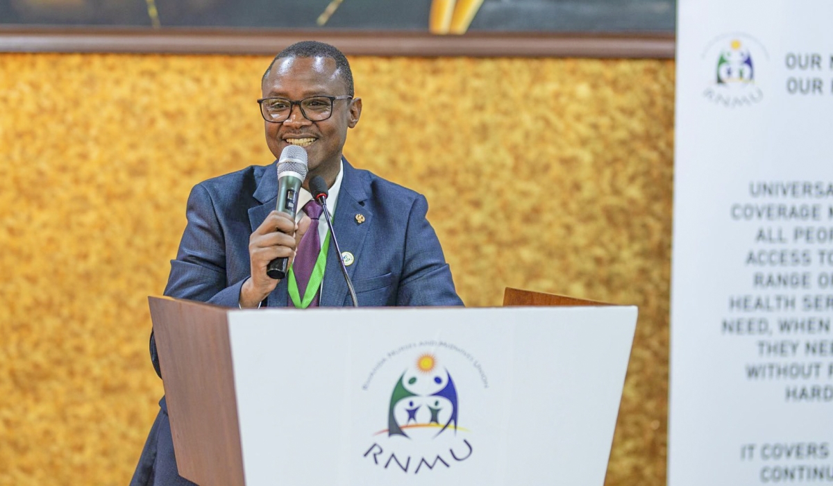 The President of Rwanda Nurses and Midwives Union (RNMU), André Gitembagara, addresses delegates during the International Nurses and Midwives Scientific Conference 2025, on December 11. Courtesy