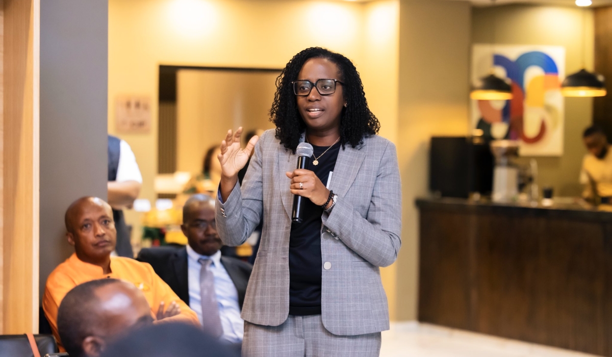 Chief Executive Officer of Bank of Kigali, Diane Karusisi, speaks during a Business Breakfast Meeting at the BK Arena Lounge on December 12.
