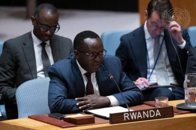 Amb. Martin Ngoga, Rwanda’s Permanent Representative to the UN, speaks during a past Security Council briefing. Courtesy of the UN. 