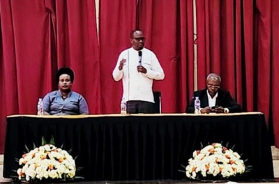 Pan-African Movement (PAM)  Rwanda chapter chairperson, Protais Musoni addresses participants during the Pan-African Leadership workshop on Sunday. 