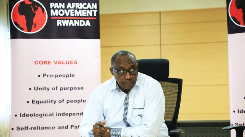 Pan-African Movement (PAM)  Rwanda chapter chairperson, Protais Musoni addresses participants during the Pan-African Leadership workshop on Sunday.