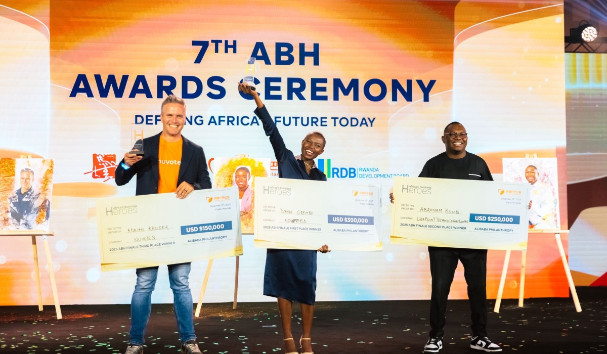 Diana Orembe of NovFeed won the first prize, followed by Abraham Mbuthia of Uzapoint and Adriaan Kruger of NuvoteQ in Kigali on Saturday, December 13. PHOTOS BY CRAISH BAHIZI