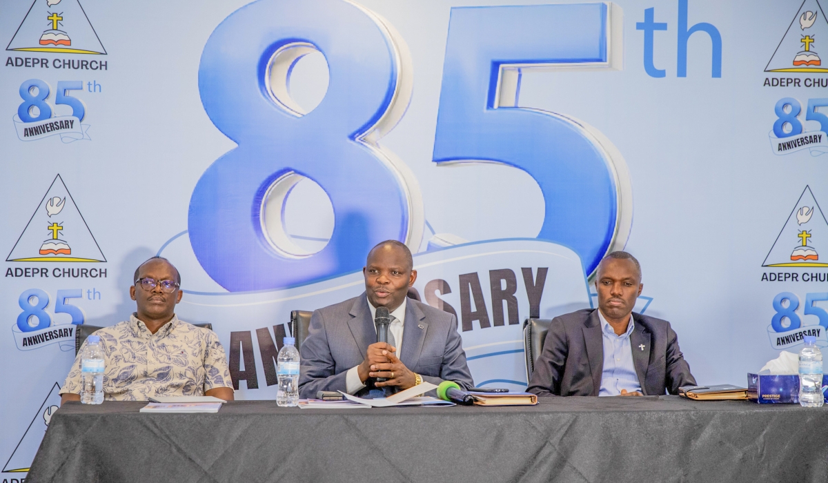 Senior officials of the Association of Pentecostal Churches in Rwanda (ADEPR) address journalists ahead of the church's 85 years anniversary. Photos by Craish Bahizi