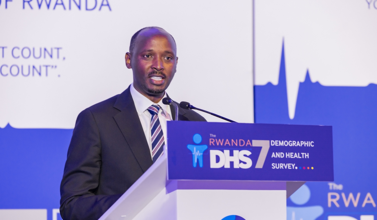 Health Minister Dr. Sabin Nsanzimana delivers his remarks at the launch  of the 2025 Rwanda Demographic and Health Survey (RDHS) on December 17 in Kigali. Courtesy