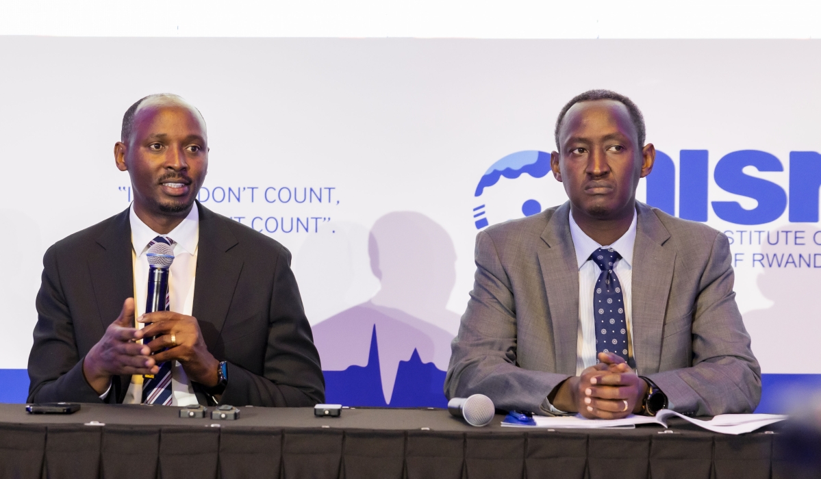 Health Minister Dr. Sabin Nsanzimana and Ivan Murenzi, the Director General of the National Institute of Statistics Rwanda (NISR) at the launch of the 2025 Rwanda Demographic and Health Survey (RDHS) on December 17.