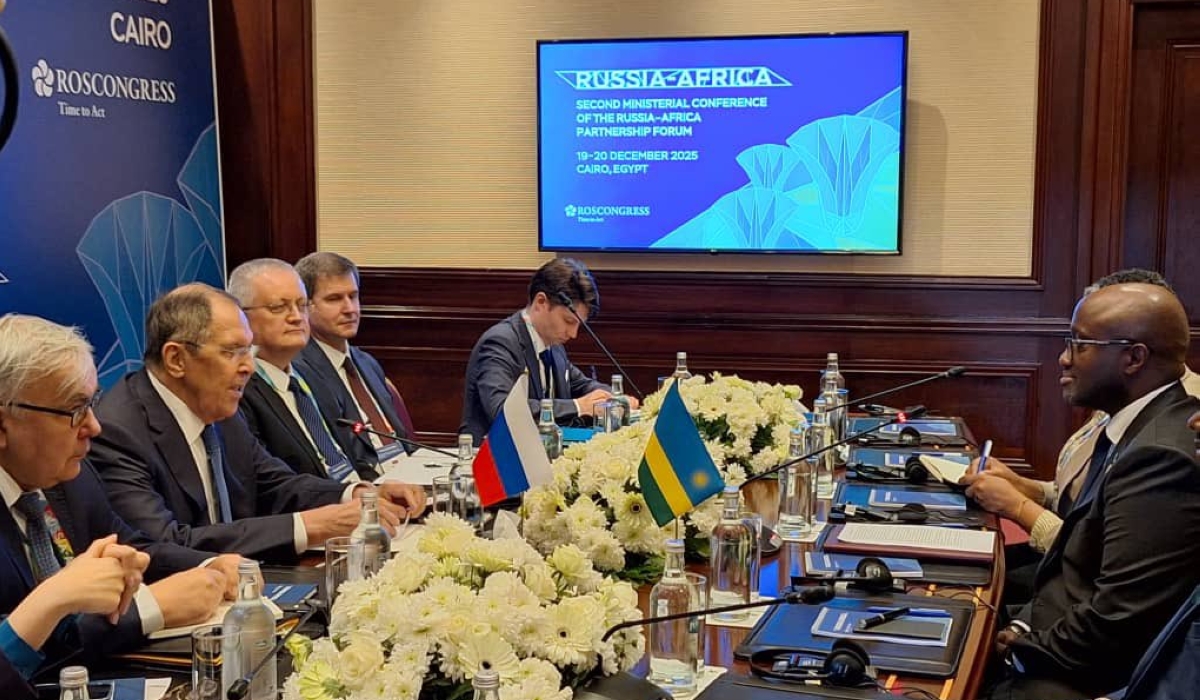 Foreign minister Amb. Olivier Nduhungirehe leads Rwanda’s delegation during a meeting with Russian counterpart Sergey Lavrov’s team on the sidelines of the second ministerial conference of the Russia-Africa Partnership Forum, on Friday, December 19, in Cairo, Egypt.