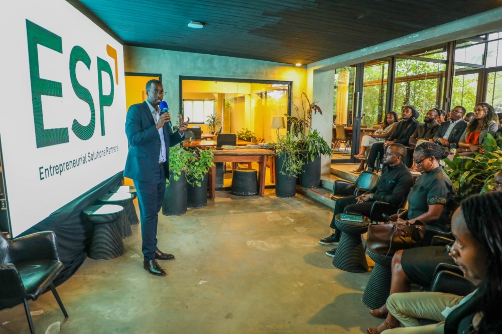Imanzi Kayitare, the founder of Rwandapreneur, addresses members of diaspora during a meeting in Rwanda