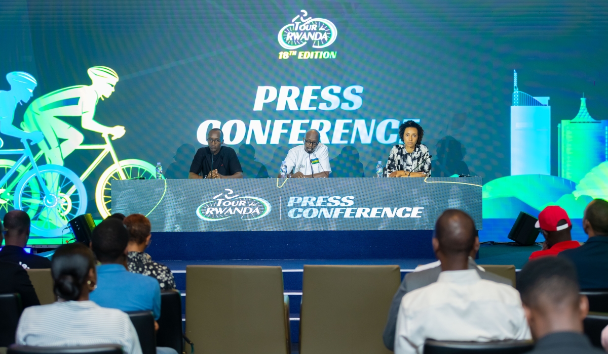 Tour du Rwanda Coordinator Hubert Nkurayija (L), FERWACY president Samson Ndayishimiye and MINISPORTS Permanent Secretary Candy Basomingera address the media  during official Tour du Rwanda 2026 presentation on Monday, December 22