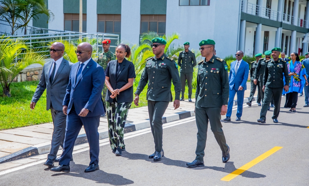 Minister of Defence Juvenal Marizamunda and Minister of Foreign Affairs Olivier Nduhungirehe and officers arrive at Gako.