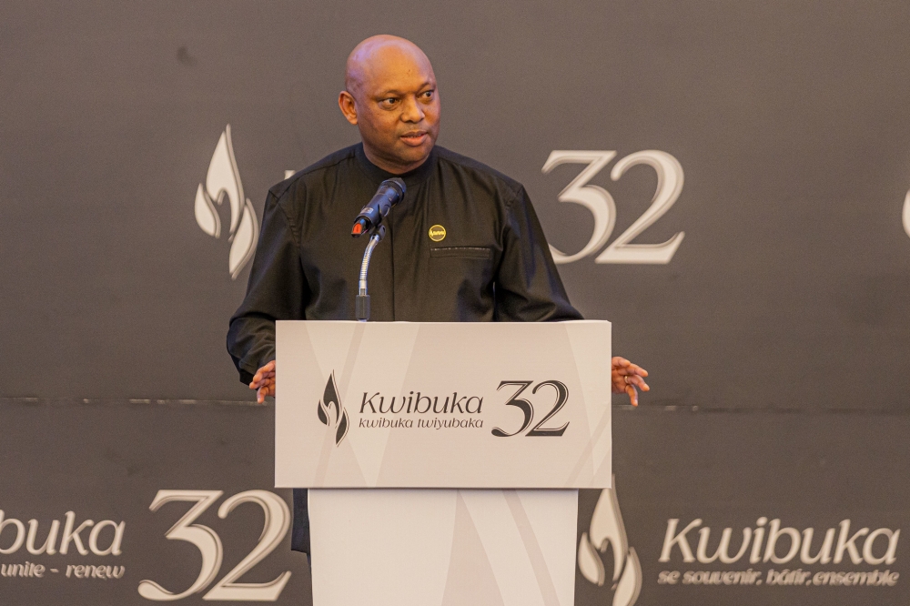 Equity Bank Rwanda Managing Director Hannington Namara, addresses mourners during the commemoration event.