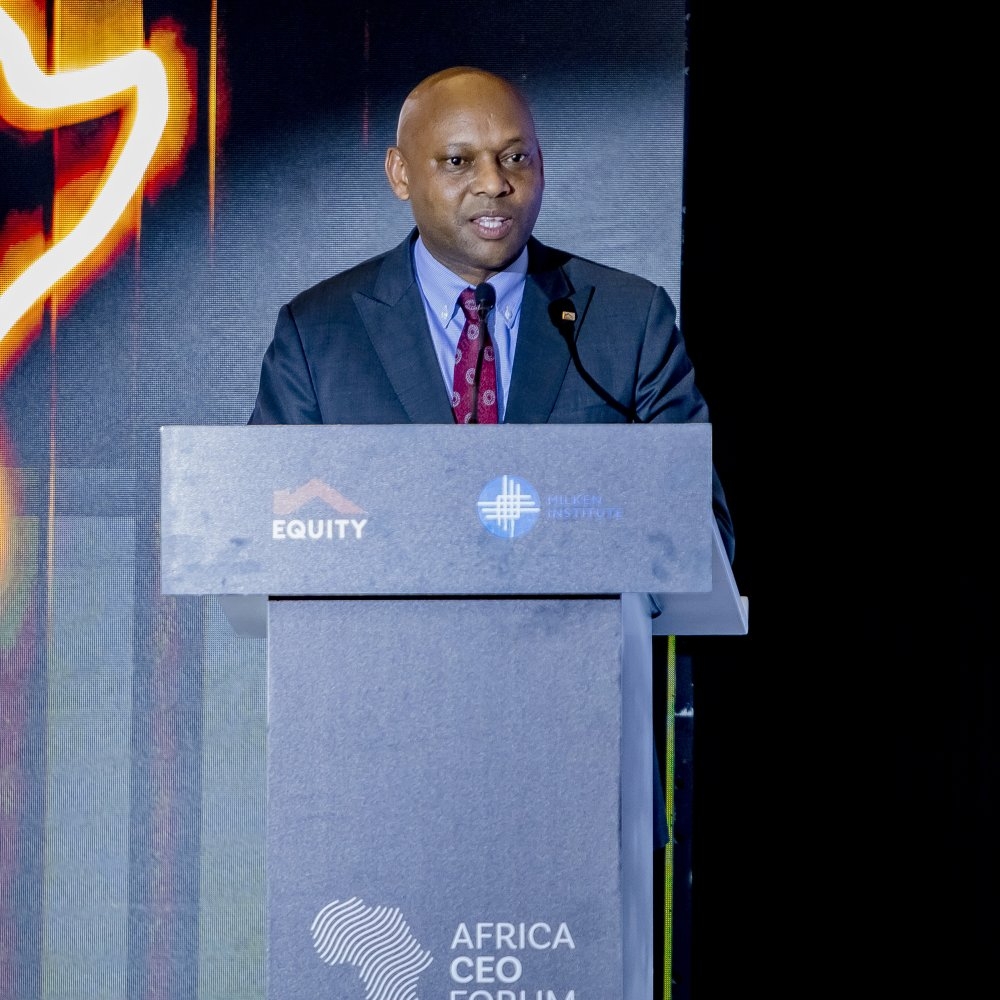 Hannington Namara, the Chief Executive Officer of Equity Bank Rwanda, addresses participants at the high-level gala dinner at Kigali Marriott Hotel on Friday evening, May 15.
