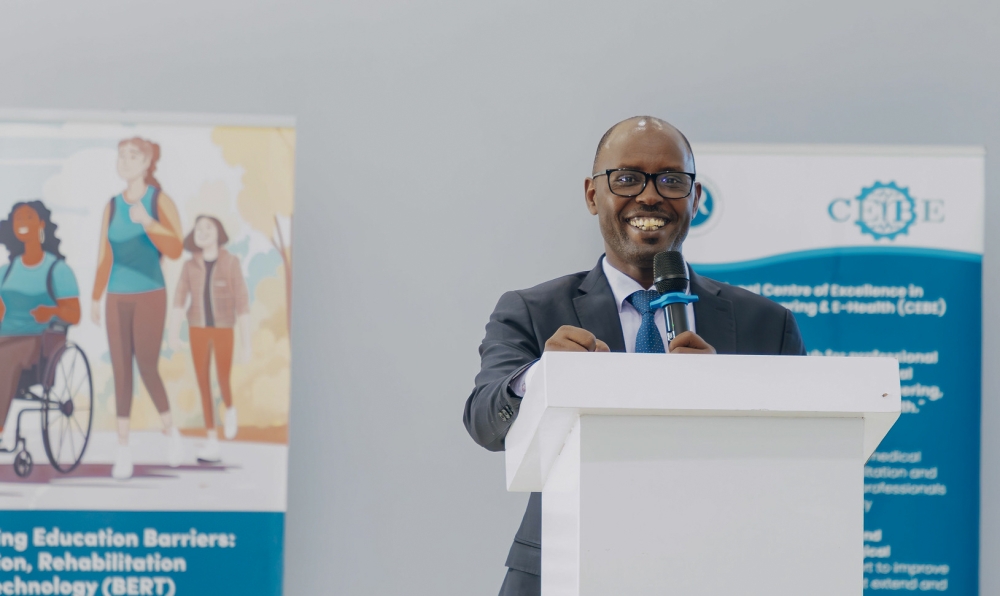 University of Rwanda Vice Chancellor Didas Kayinamura speaks during the event at UR Regional Centre of Excellence in Biomedical Engineering and e-Health at Kigali Innovation City. Photo by Craish BAHIZI