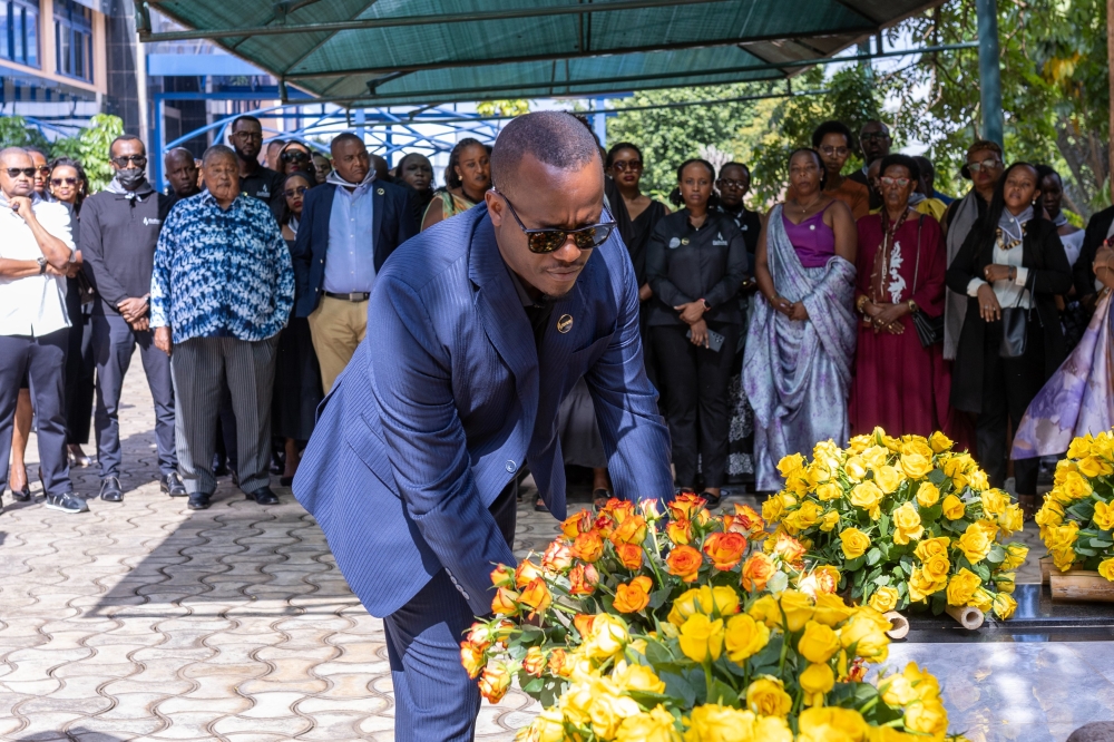 Laying wreaths in honour of victims of the Genocide against the Tutsi including 19 employees of the former Caisse Sociale du Rwanda, now RSSB , on Wednesday, May 20,