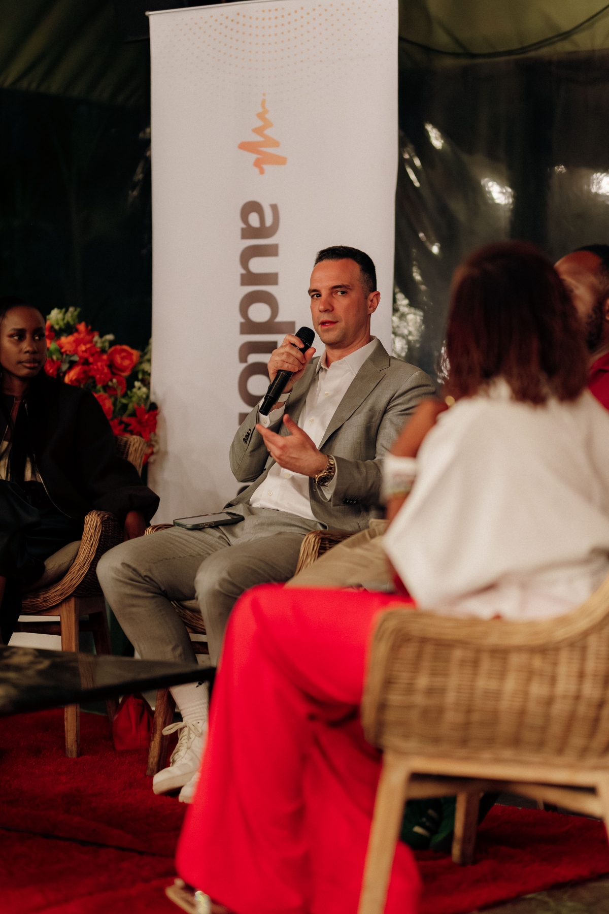 Co-founder and Chief Marketing Officer of Audiomack, David Ponte, speaks during an interaction with local artistes in Kigali. Courtesy