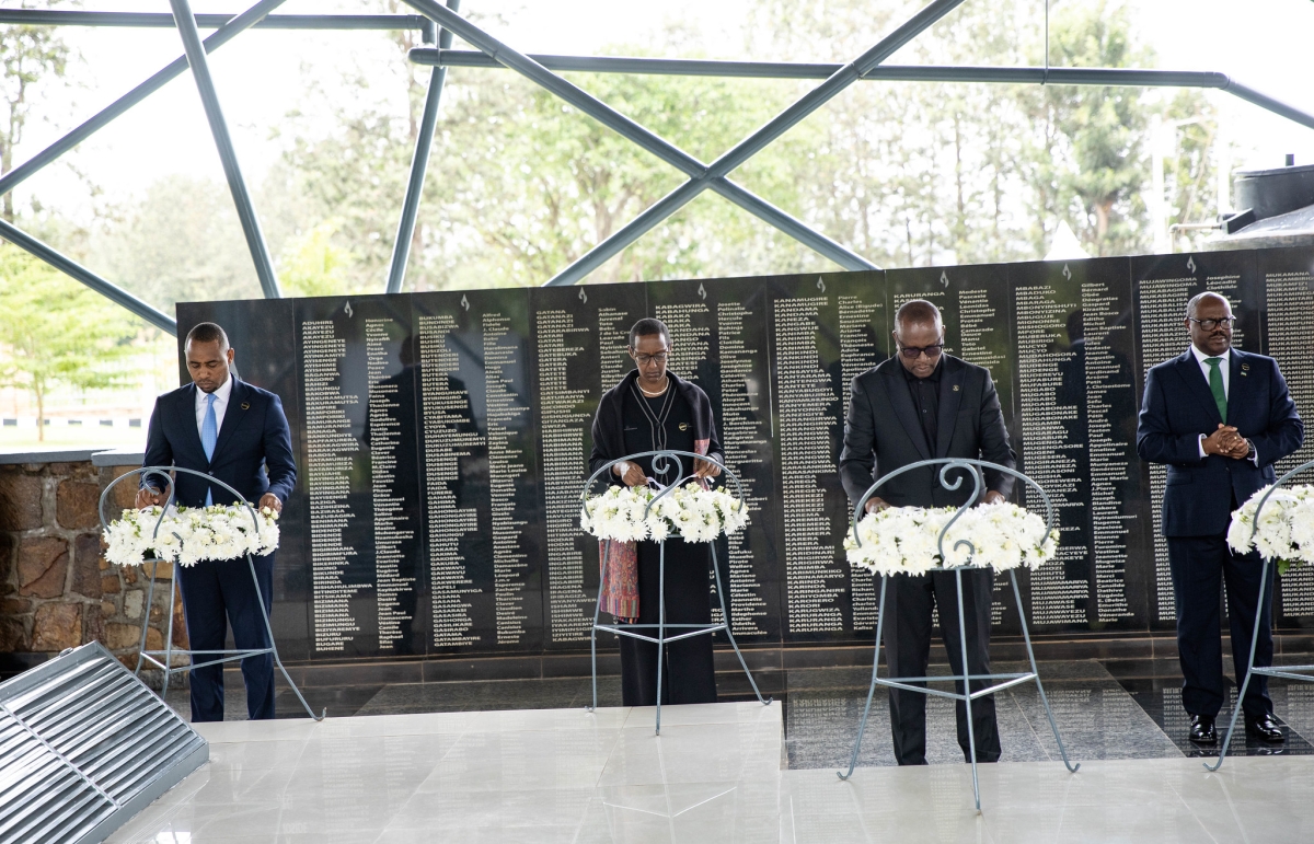 (L-R)State Minister Uwihanganye, Minister Ines Mpambara, Minister Bizimana and Prime Minister Justin Nsengiyumva lay wreaths in honour of victims of the Genocide against the Tutsi at Ntarama on Friday, May 29.