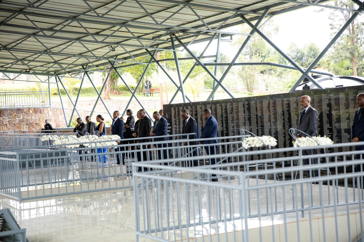 Officials observe a moment of silence in honour of victims of the Genocide against the Tutsi at Ntarama Genocide Memorial.