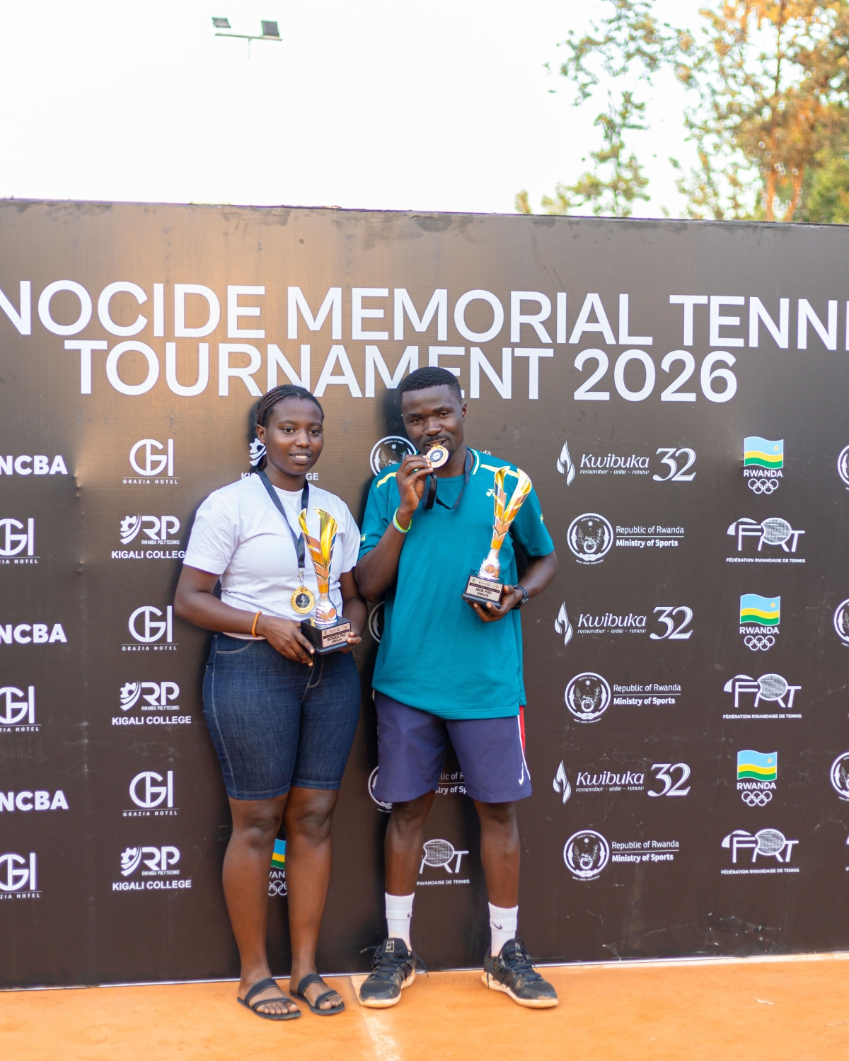 Etienne Niyigena (right) and Carine Nishimwe, won the 2026 Genocide Memorial Tennis Tournament, which concluded at the IPRC-Kigali Ecology Tennis Court on Saturday. Courtesy photos