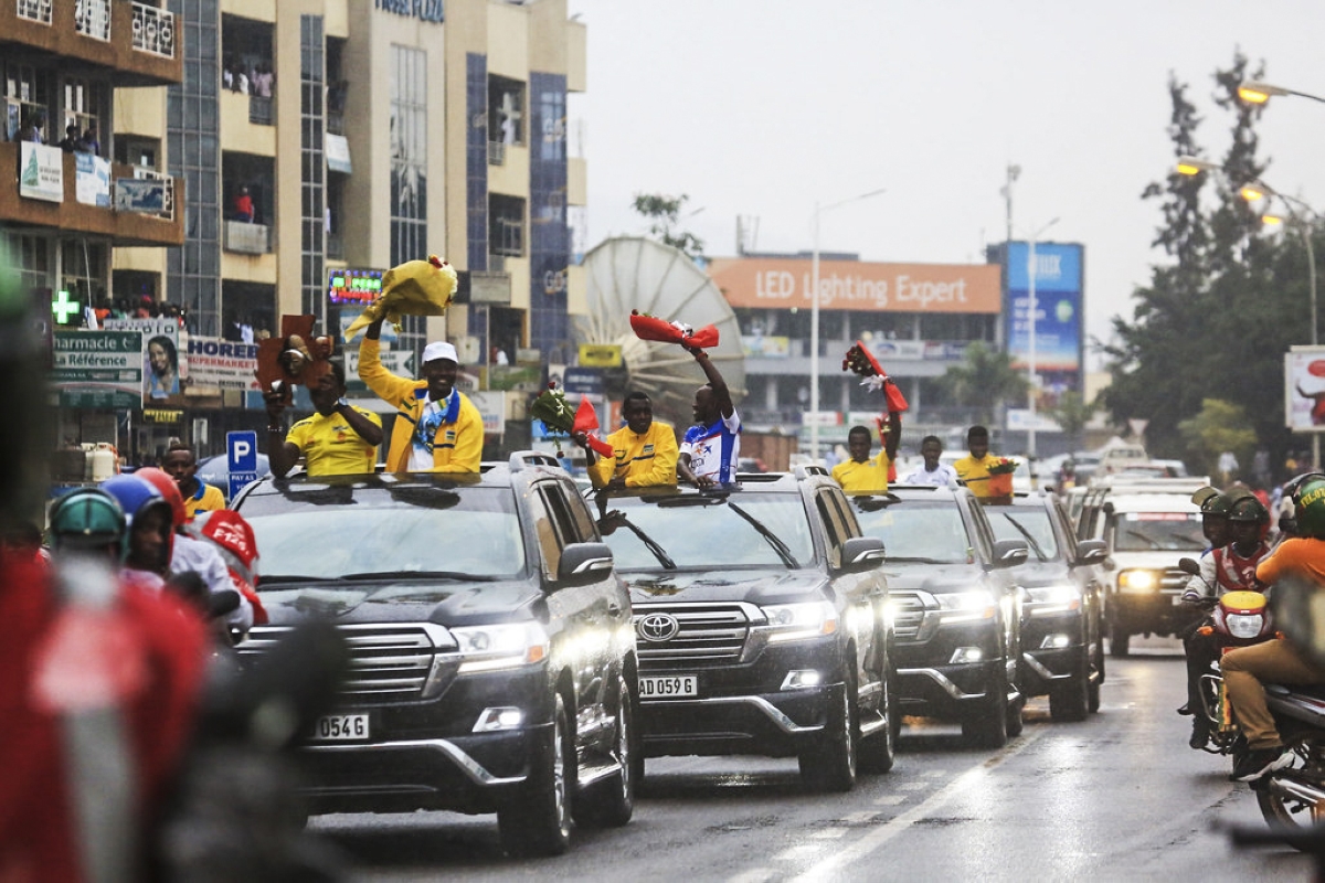 Team Rwanda riders enjoying a fanfare reception in Kigali, following Joseph Areruya's crucial victory to win La Tropicale Ammissa Bongo in 2018. Photo by Sam Ngendahimana