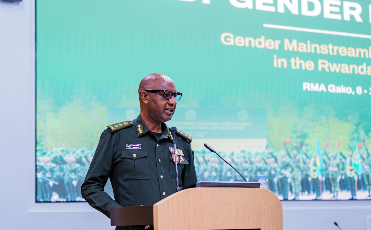 The Reserve Force Chief of Staff, Maj Gen Alexis Kagame addresses participants at the retreat that held at the Rwanda Military Academy in Gako, Bugesera District