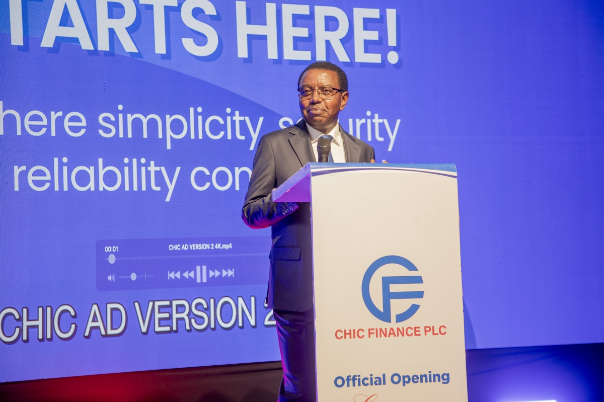 Gasigwa Festus, Chief Executive Officer of CHIC Finance PLC, delivers remarks at the launch in Kigali. Kellya Keza