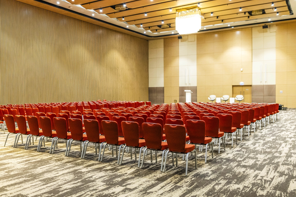 A conference hall setup at Radisson Blu Kigali, offering organisations discounted meeting packages and comprehensive event catering services available until June 30.