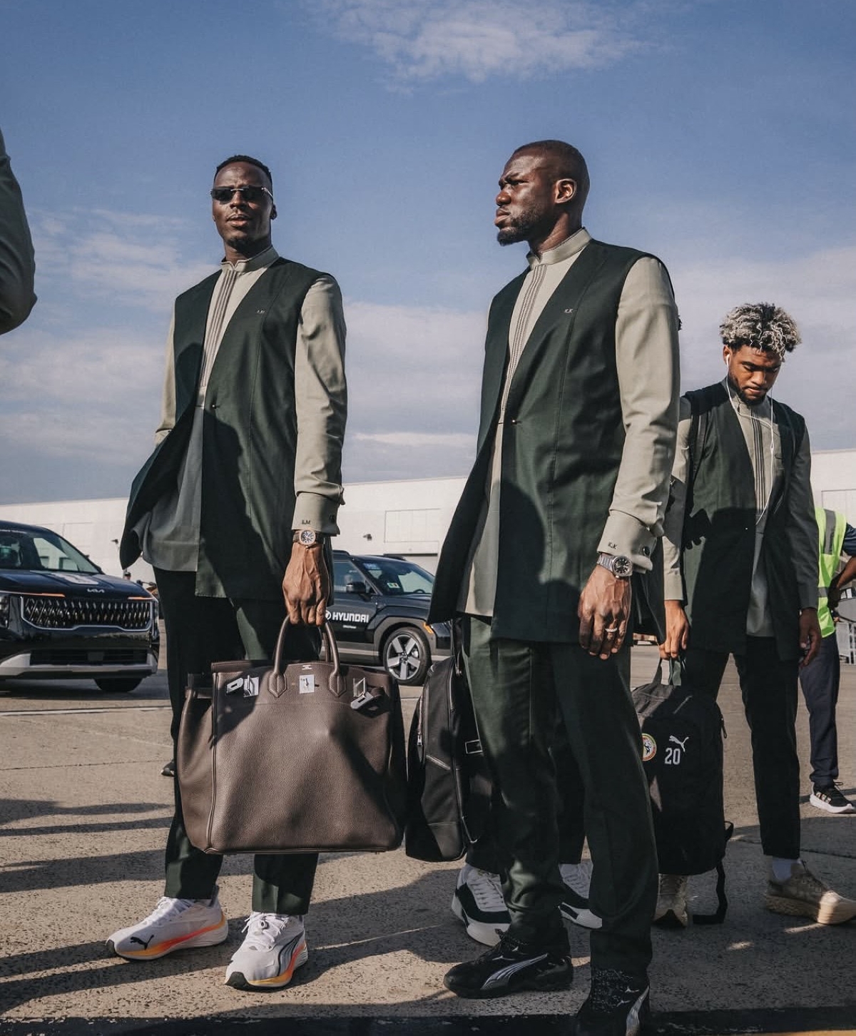 Senegalese players donning their World Cup outfit designed with inspiration from Senegalese textile traditions and flowing West African aesthetics.