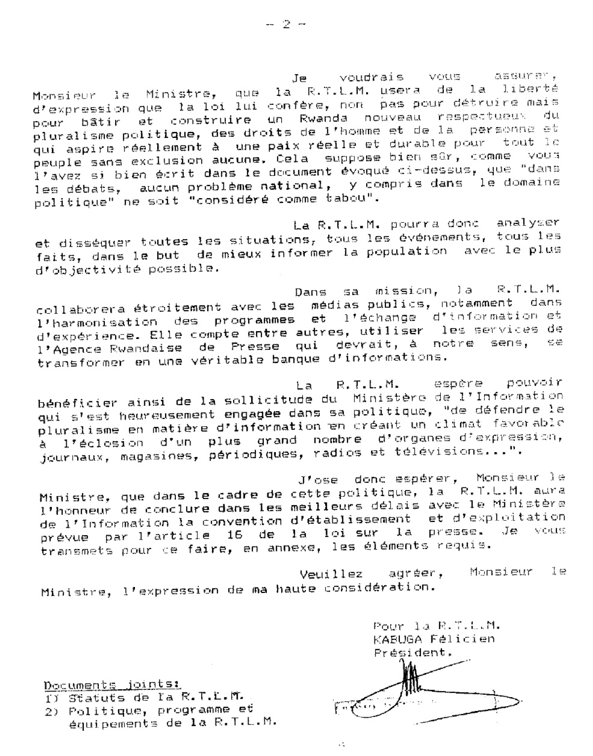 Kabuga signs a letter to the Minister of Information on behalf of RTLM, informing him of the establishment up of the private radio station, 17 June 1993.