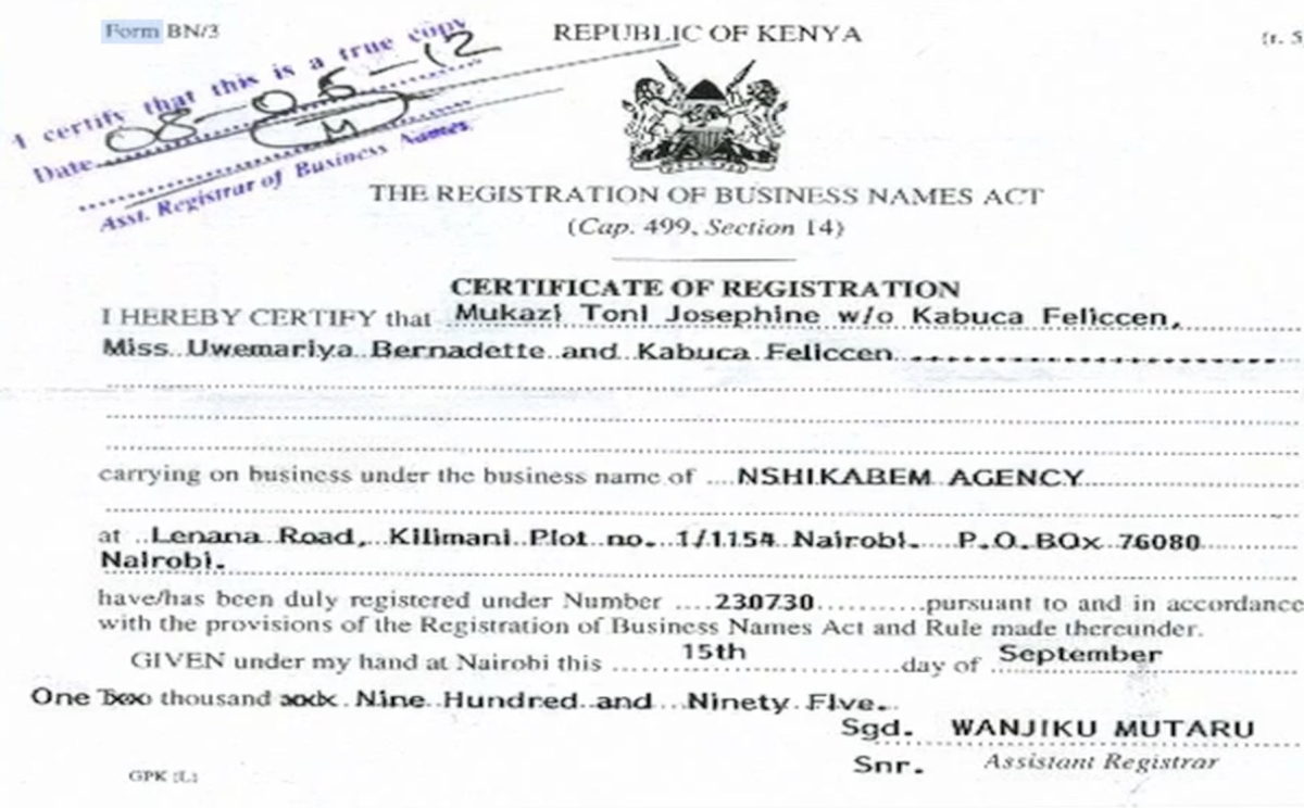 15 September 1995 – One year on from the genocide, Kabuga continued to build his business empire with impunity – here registering a new import-export company in Nairobi – the ‘Nshikabem Agency’ – registering it under the name of his daughter Bernadette and wife Josephine, and his own vaguely disguised alias of ‘Feliccen Kabuca’. It was registered as being run from his Lanana Road address.
