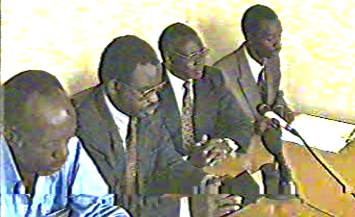 Stills from the televised, ill-tempered meeting on 10 February 1994 between Kabuga/RTLM board of initiative and Information minister Faustin Rucogoza. (From left: Phocas Habimana, Jean-Bosco Barayagwiza, Kabuga and Ferdinand Nahimana).