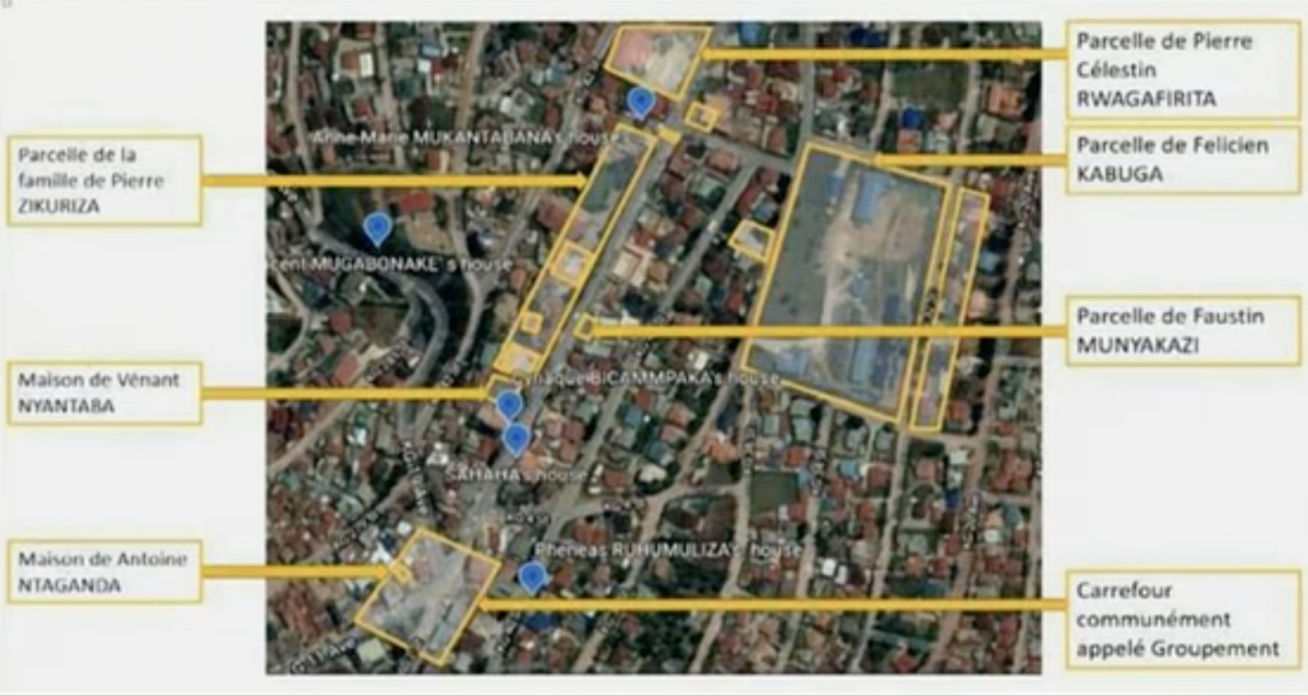 UN diagram map showing Kabuga’s extensive house and compound complex in Kimironko, Kigali, which his interahamwe group used to train and store weapons; bottom left is the infamous ‘Groupement’ roadblock manned by Kabuga’s militia and that of interahamwe chief and member of its national committee, Phénéas Ruhumuliza who lived just metres away. Courtesy of UNMICT