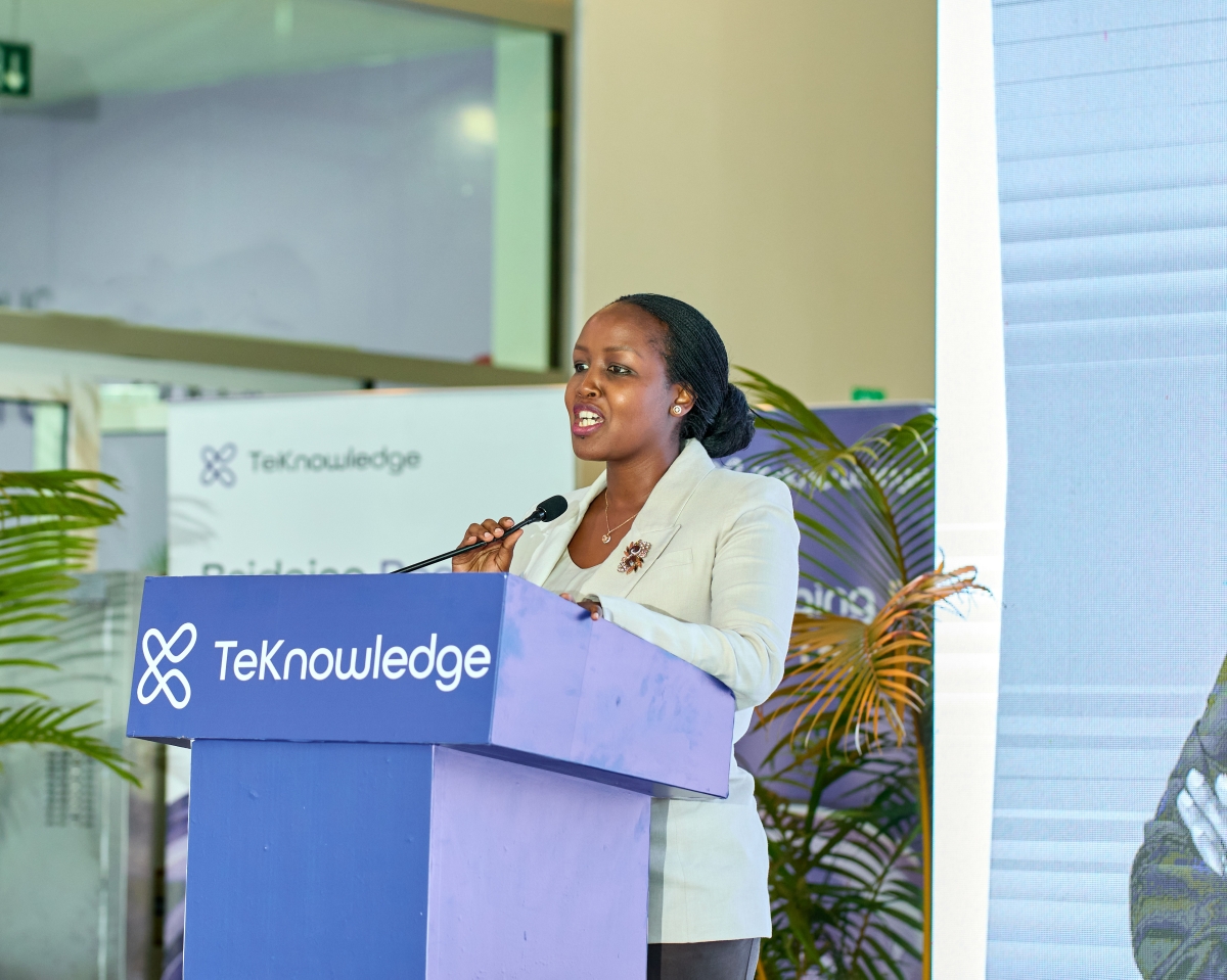 Minister of ICT and Innovation Paula Ingabire delivers her remarks as TeKnowledge announced the launch of its services in Rwanda on June 19. Courtesy
