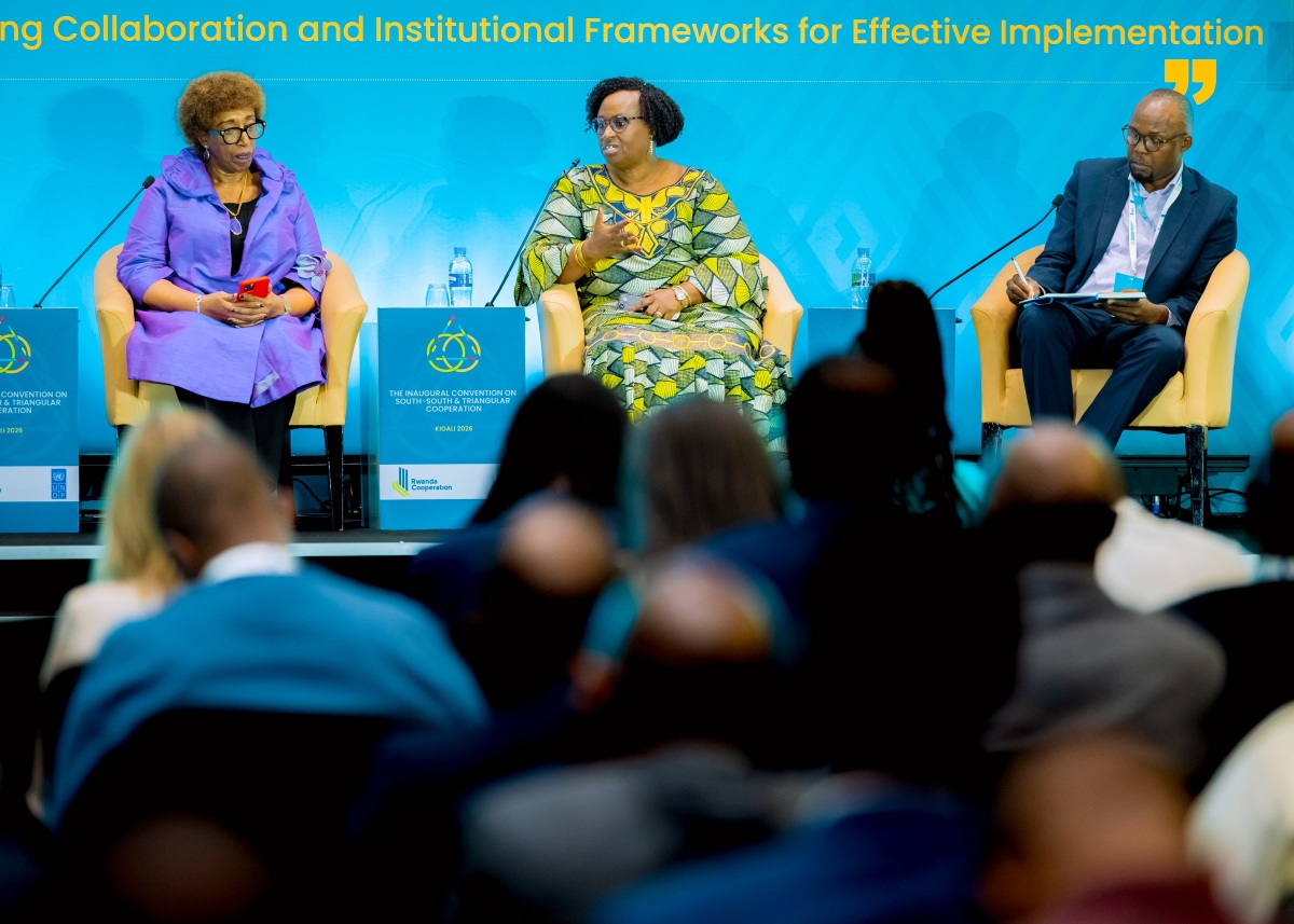 State Minister in the Ministry of Foreign Affairs Usta Kaitesi speak during a panel discussion at the inaugural Convention on South-South and Triangular Cooperation held on June 22, in Kigali. Kelly