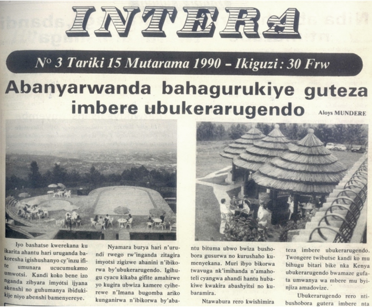 Intera, January 1990: Rebero Hotel – a ‘tourist’ development. 
Set up by Z’s brother Seraphin Rwabukumba as a regime/Network Zero mouthpiece to counter the growing opposition press in the late 1980s, Intera collapsed after just a few issues. In the poorest country in the world, its news headline promoting the regime’s latest luxury hotel only available to those not just with money but with connections, was symptomatic of Rwanda seventeen years into Habyarimana’s rule. While the political/economic and social world inside Rwanda was changing rapidly, Akazu was still promoting its self-aggrandising and self-serving mantra. The hotel was later used for major fundraising events for the Interahamwe militia and was a favourite haunt of Agathe and her family – including as it did both a large panoramic swimming pool and a zoo/snake enclosure for her children.