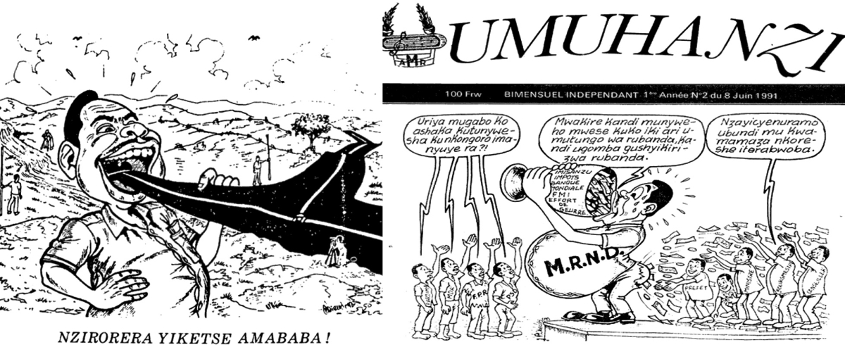 Two cartoons illustrating the endemic corruption and the cost to the country. Left: Isibo 5 April 1991: Public works minister and Z acolyte Joseph Nzirorera ‘swallows a road’ – a reference to the way he systematically stole public funds to benefit Z, himself and his own client network; Right: Umuhanzi, 8 June 1991: The stealing of international funds by the president’s MRND party in turn benefitted Habyarimana’s personally selected prefects, bourgmeisters (mayors) and commune administrators while depriving the nascent opposition parties the means to grow.