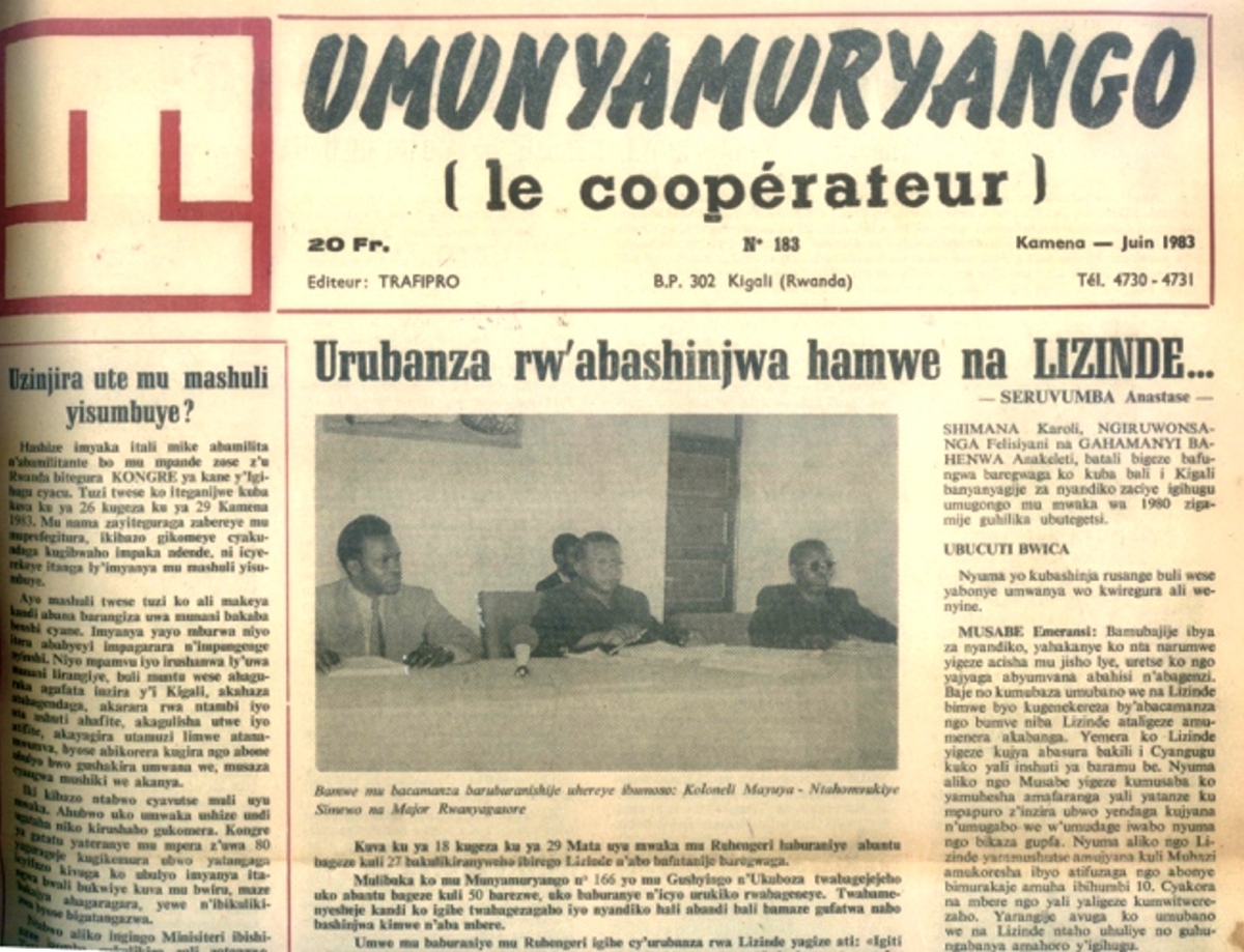 Umunyamuryango, June 1983: A regime newsletter gives its account of Lizinde’s trial for treason. Two of the judges pictured here (Col. Stanislas Mayuya on left and Col. Rwanyagasore on right would themselves later fall victim to Z/Akazu).
