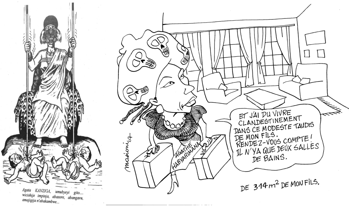 Nyabarongo, no 19, November 1994: ‘Agathe Kanziga, a cruel mother who had babies, children, teenagers, adults and the elderly slaughtered.’ The cartoon is a nod to the fabled merciless and murderous Rwandan queen Kanjogera who had stopped at nothing to gain power for herself and her family in the 1980s. Parallels with Agathe were widespread in Rwanda.
Right: Bakchich.info, 29 January 2007: Agathe, wearing a trademark hat featuring an insignia of skulls, protests angrily after noting at her hearing before the French refugee commission (OFPRA) that she was purely an innocent grieving widow just ‘trying to survive’ in her multi-million Euro house. The commission and later council of state found in their rulings that she, along with Z and Akazu, were ‘at the heart of the genocide.’