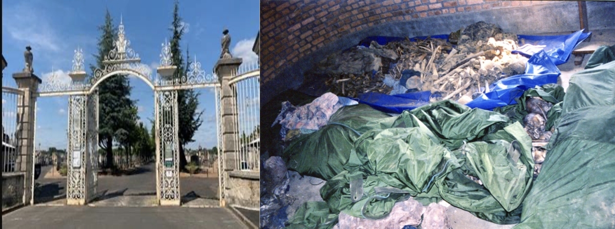 Left: The entrance to the Grand Cemetery in Orleans where Z’s family want to bury the former Ruhengeri prefect, in an equally grand grave among the great and good of the city. Right: the remains of hundreds Tutsi genocide victims recovered from a pit where they were thrown by their killers – no identification is possible. The grieving of their relatives will last a lifetime.