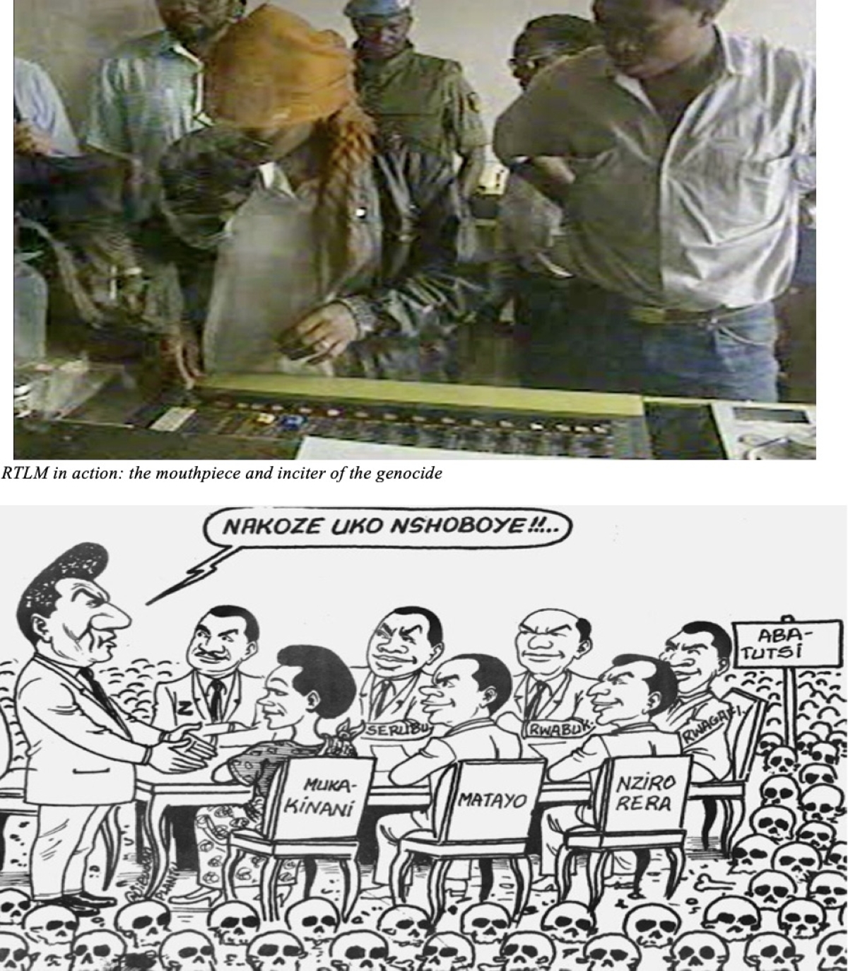 Nyabarongo, no. 13, March 1993. Z, sitting to the left of President Habyarimana and opposite his sister Agathe [‘Muka-kinani’], along with leading Akazu [Serubuga, Rwabukumba, Rwagafilita, Nzirorera, Ngirumpatse], listens as President Habyarimana tells them he has ‘done all he can’ when it comes to the Tutsi problem. The Akazu sit at a table surrounded by the skulls of Tutsi they have massacred. The satirical cartoon was published one year before the 1994 genocide began, when on-going genocidal massacres by the group had already murdered thousands of Tutsis. The intent to kill by Akazu was anything but a secret as the media wrote about it and cartoons such as this one appeared. The sense of impunity from justice was clearly apparent.