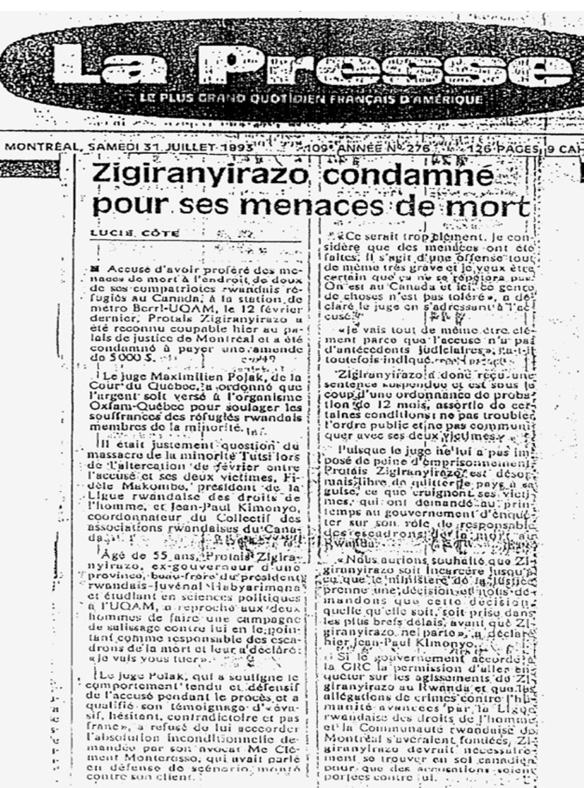 La Presse 31 July 1993: The Montreal newspaper reports the story of Z’s conviction for death threats to Tutsi.