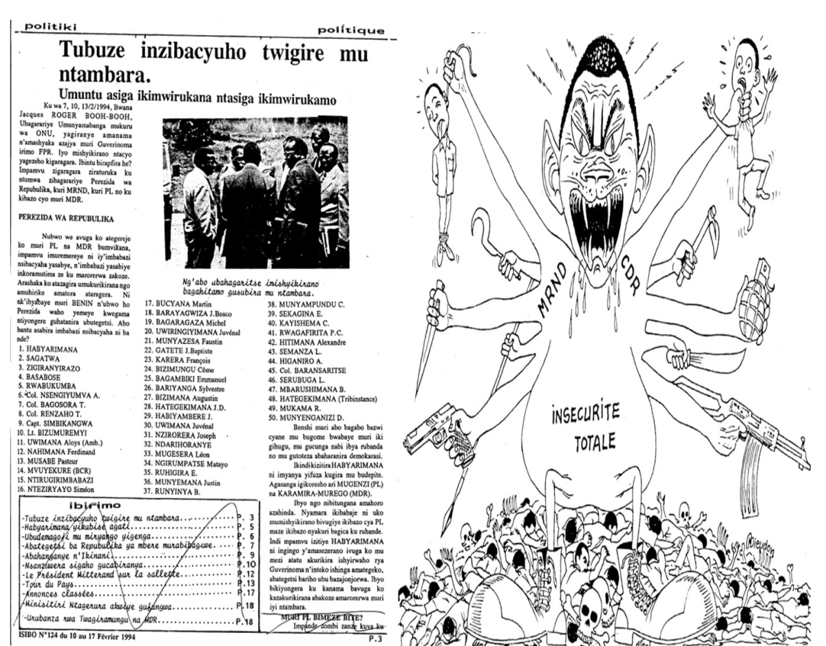 Left: Isibo 10 February 1994 – this article, published just two months before the genocide, observes that a major reason the Arusha-agreed broad-based government had still not been formed was President Habyarimana’s need to ensure the new government does not hold him – and those ‘well known for the crimes that have happened in this country’ to account. Z appears 3rd on the list of those with most to be afraid from justice catching up with them.
Right: Isibo, 22 October 1992 - The violent ‘monster’ Habyarimana standing over a pile of his victims with his MRND and its extremist CDR party offshoot that were massacring the Rwandan people with their militias.