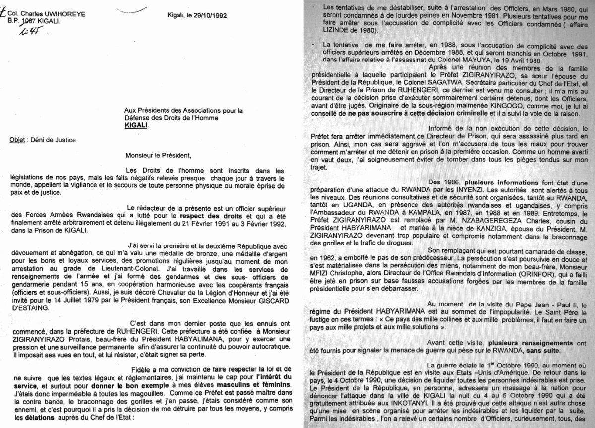 An extract from the open letter of Lt. Col Charles Uwihoreye 29/10/1992 criticises the president’s family, including Z, whom he accuses of running Ruhengeri as a surveillance state, with drug and gorilla smuggling.